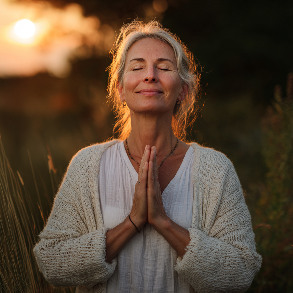 Peaceful Ukrainian woman in her 50s practicing yoga outdoors in a serene natural setting, demonstrating deep breathing and mindful movement
