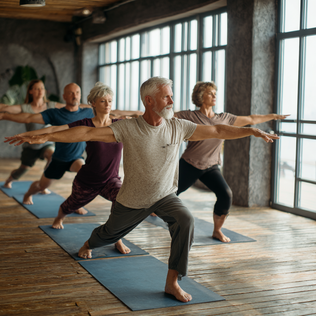 Group of diverse Ukrainian adults aged 40-60 practicing synchronized breathing exercises in a peaceful yoga studio, showing inner calm and focus