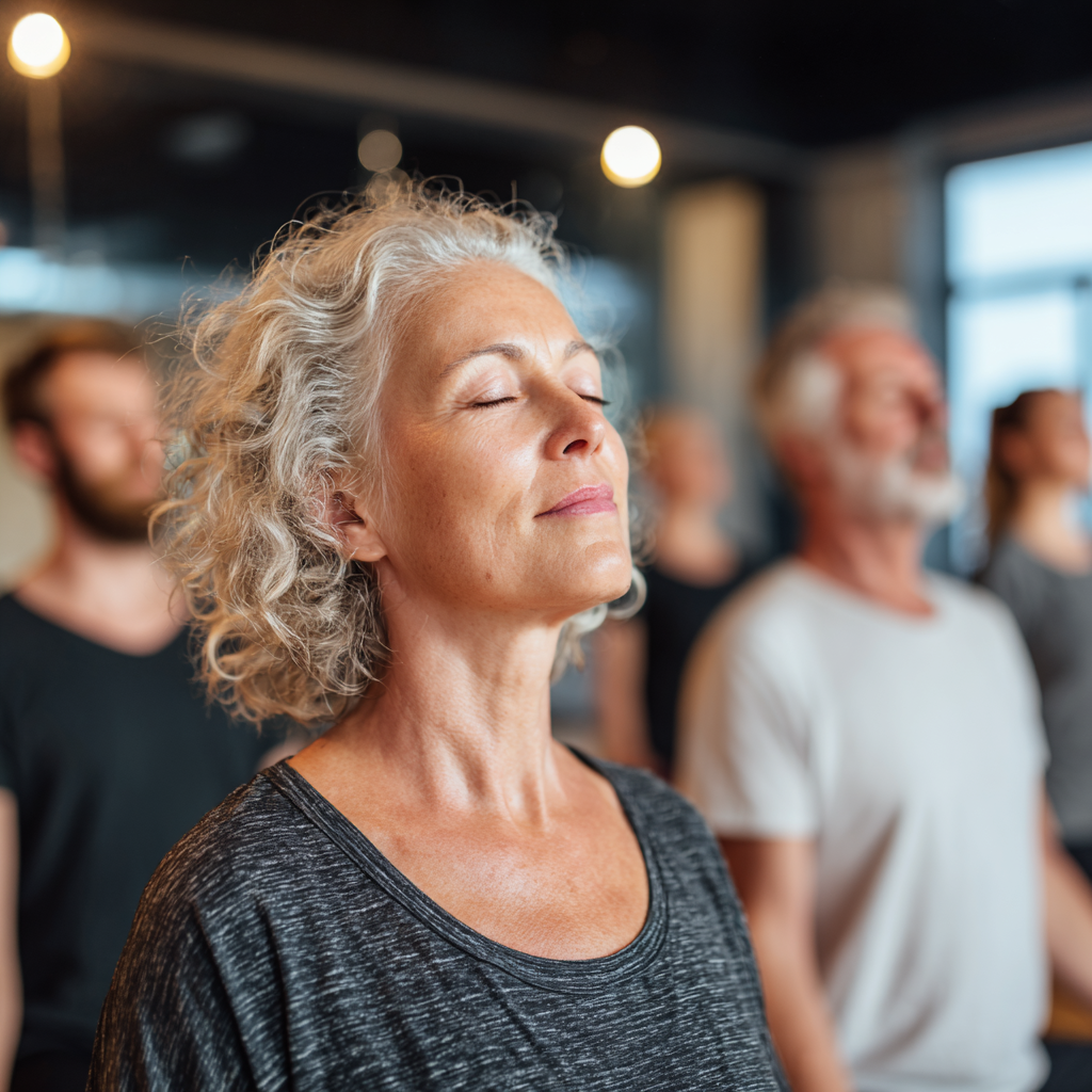 Ukrainian office worker in their 40s taking a yoga break in a bright office space, demonstrating desk-friendly stretches and breathing exercises